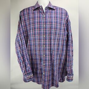 Peter Millar Crown Men's Blue/Pink 100% Cotton Long-Sleeve Shirt Large